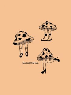 three different types of mushrooms with black spots on their tops and legs, one is upside down