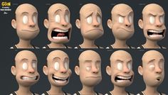 an animation character's head with multiple expressions and facial features, all in different poses