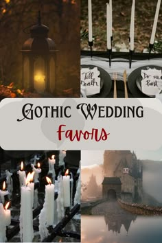 four pictures of gothic weddings from melted candles to gothic style castles and lanterns Gothic Wedding Reception Ideas, Gothic Witch Wedding, Gothic Wedding Signage, Pagan Wedding Favors, Surprise Wedding Ideas Creative, Gothic Wedding Shower Ideas, Cheap Gothic Wedding Ideas, Halloween Gothic Wedding, Gothic Wedding Party Favors