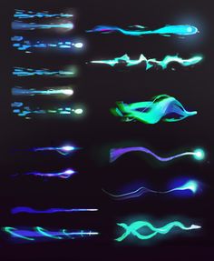 an array of different colored lights on a black background, including waves and lines in the dark