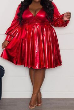 Add a bold statement to your wardrobe with our Candy Apple Red Glossy Midi Dress. Designed with a belted V-neck and a striking glossy finish, this dress will enhance your silhouette and leave you feeling confident and elegant. Perfect for any special occasion or event, make a statement with this stunning dress. Decoration Belted Length Knee-Length Style Sexy & Club Fabric Type Blended fabrics Material Polyester , Polyester Neckline V-Neck Pattern Type Solid Silhouette A-Line Sleeve Length Full S Knee Length Dresses Formal, Plus Size Red Dress, Solid Dress Casual, Flattering Outfits, Plus Size Prom, Candy Apple Red, Ruched Midi Dress, Flare Mini Dress, Bandage Dress