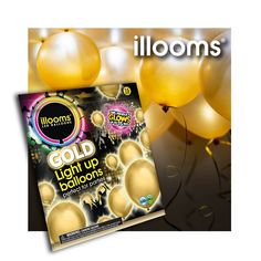 balloons are shown with the words gold light up balloons on it and an image of heliums