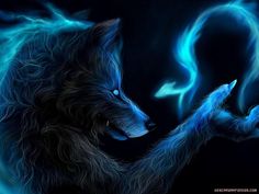 a blue wolf with its paw in the air, looking at it's tail