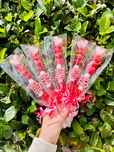 a person holding up some pink and white toothbrushes in front of green leaves