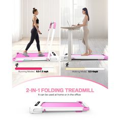 a woman walking on a pink treadmill