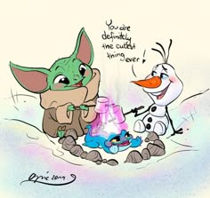 an image of a cartoon scene with the baby yoda and snowman talking to each other