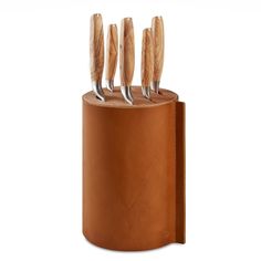 four knives in a leather holder on a white background