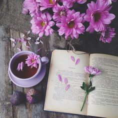 an open book, cup of tea and purple flowers on a wooden table next to it