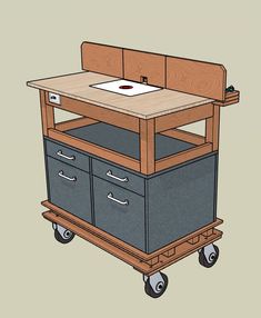 a drawing of a cart with drawers and a sink on it's top shelf