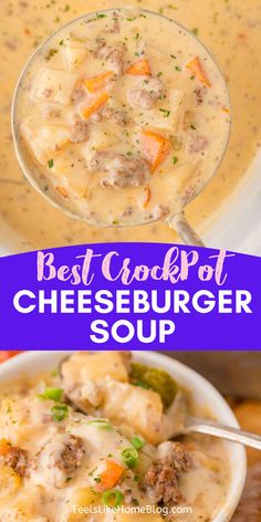 A bowl of creamy crockpot cheeseburger soup made with Velveeta, ground beef, and frozen hashbrowns, cooked in a slow cooker for a rich and comforting meal with the title “best crockpot cheeseburger soup” Keto Cheeseburger Soup Crock Pot, Best Cheeseburger Soup Recipe, Easy Cheeseburger Soup Crockpot, Cheeseburger Chowder Crockpot, Slowcooker Soup Recipes Easy, Cheeseburger Soup Recipes, Cheeseburger Potato Soup, Crockpot Cheeseburger Soup, Slow Cooker Cheeseburger Soup