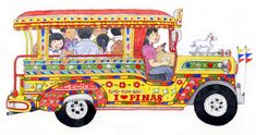 a drawing of a bus with people riding on the front and side, painted in bright colors