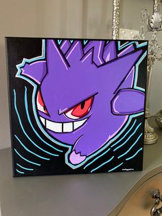 a painting of a purple cartoon character on a black and blue background with red eyes