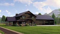 this is an artist's rendering of a house in the country side with mountains in the background