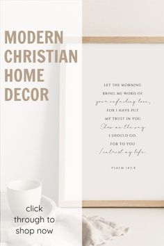 the modern christian home decor is displayed in front of a white wall and wooden frame