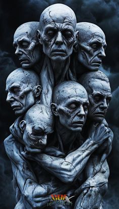 a group of alien heads hugging each other