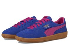 PUMA Palermo - Women's Lace up casual Shoes : Lapis Lazuli/Magenta Gleam/Gum : Elevate your casual style in the PUMA Palermo sneakers. These sneakers feature a classic lace-up closure in a round toe silhouette, color-block detailing, padded collar, and leather upper. Leather lining. Cushioned rubber insole. Formstrip on upper. Branding on upper and heel. Rubber outsole. Imported. Measurements: Weight: 12 oz Product measurements were taken using size 9, width B - Medium. Please note that measurements may vary by size. Puma Palermo, Puma Women, Black Feathers, Grey Women, Fashion Sneakers, Women Lace, Palermo, Product Reviews, Lapis Lazuli