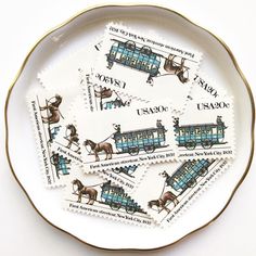 a plate that has some stamps on it