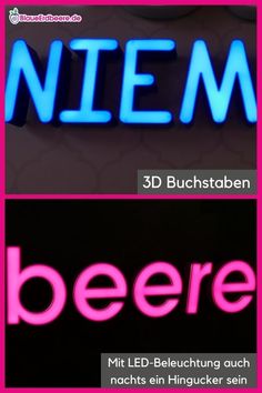 two neon signs with the words niem and be here in blue, pink and black