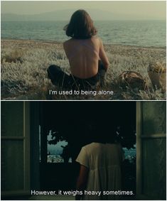 two different views of the same person sitting in front of an open door and looking out at the ocean