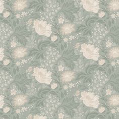 a floral wallpaper pattern with white flowers and green leaves on a gray background in pastel shades