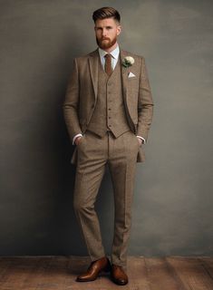 The Irish Brown Herringbone Tweed Suit will become the standard of business dressing and by far the most ubiquitous option. Crafted from wool, the Irish Brown color of the suit will surely influence a veteran dresser to buy the suit for building a sharp wardrobe. Whether you're acing it at the office, celebrating a love-filled wedding, or gracing an elegant affair, its flawless design keeps you cool, confident, and unforgettable.  Look Includes   Irish Brown Herringbone Tweed Fabric  Two Button Tan Tweed Groomsmen Suits, Mens Winter Suits Outfit, Dark Brown Wedding Suits For Men, Vintage Men Wedding Suit, Winter Wedding Tweed Suit, Men’s Fall Wedding Suit, Fall Mens Suits Wedding, Brown Wedding Tuxedo Grooms, Sage Green Tweed Wedding Suit