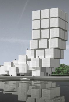 a tall building with lots of white cubes on it's sides and trees in the background