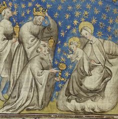 an illuminated manuscript depicting the birth of jesus, with three angels and one kneeling down