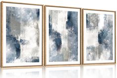 three abstract paintings hanging on a wall next to each other with white and blue paint