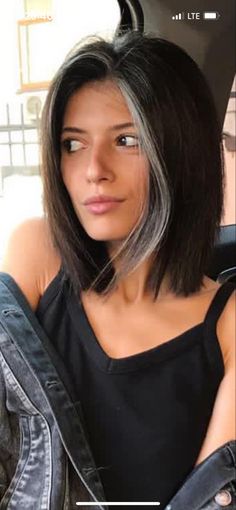 Grey Front Streak Hair, Grey Hair Streaks Silver, Black Hair Gray Streak, Dark Hair Grey Streak, Hair Color Ideas For Black Hair Going Grey, Dark Hair With Grey Streak, Natural Grey Streaks In Dark Hair, Grey Streak In Hair, White Strip In Hair