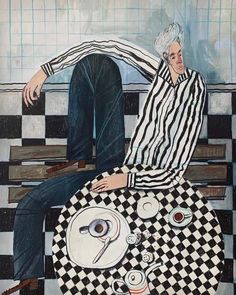 a painting of a man sitting on top of a checkered table with plates and cups