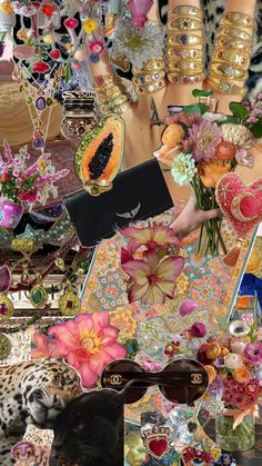 a collage of different items including flowers and jewelry