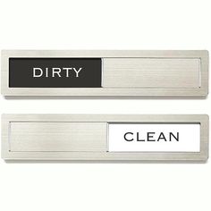 two metal name tags that say dirty and clean