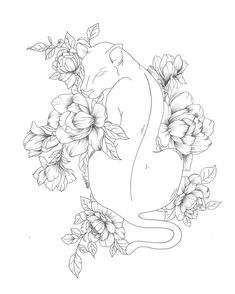 a black and white drawing of a cat surrounded by flowers