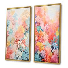 two colorful paintings hanging on the wall next to each other in front of a white background