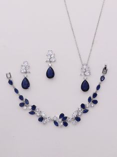 Sapphire Necklace Set, Blue Sapphire Jewelry Set, Blue Bridal Jewelry, Teardrop Wedding Earrings, Natalia Sapphire Jewelry Set - Etsy Sapphire Set Jewelry, Dark Blue Jewelry Set, Matching Jewelry Set, Sapphire Wedding Jewelry, Silver And Blue Necklace, Blue Dress Jewelry Ideas, Royal Jewelry Aesthetic, Sapphire Accessories, Blue Sapphire Jewelry Set