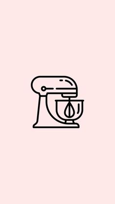 a black and white line drawing of a kitchen mixer on a pink background with the words,