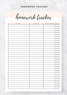 the homework tracker printable is shown on top of a marble table with pink flowers