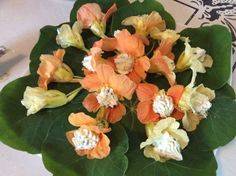 an arrangement of orange and white flowers on a green leaf