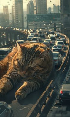 a large cat laying on top of a road filled with lots of traffic