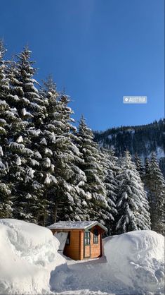 there is a small cabin in the middle of some snow covered trees, with a blue sky behind it