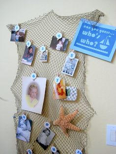 a bulletin board with pictures and magnets attached to the back of it that is covered in netting