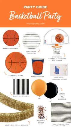 an orange and white party guide with basketball decorations