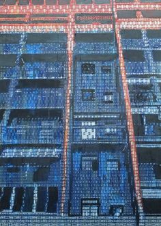 an image of a building made up of many rows of blue and red numbers on it