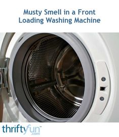 a washing machine with the words musty smell in front loading washing machine