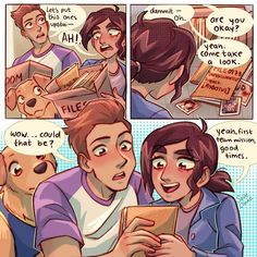 a comic strip with an image of two people and a dog looking at a book