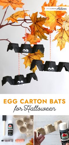 an egg carton bats for halloween hanging from a tree branch with leaves and glue