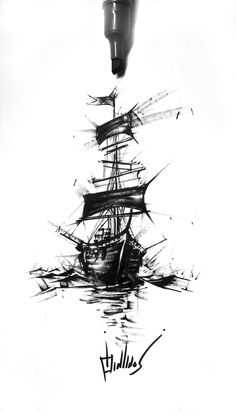 a black and white photo of a ship in the water with ink splatters