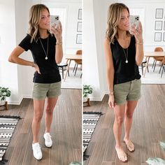 Green And Black Summer Outfits, Green Chino Shorts Outfit Women, Outfits With Olive Green Shorts, Olive Green Linen Shorts Outfit, Army Green Shorts Outfit Summer, T Shirt And Shorts Outfit Summer, Olive Linen Shorts Outfit, Green Khaki Shorts Outfit, Women’s Shorts 2023