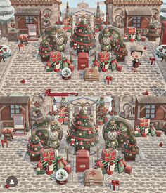 an image of a christmas town with many trees and presents on the ground in front of buildings