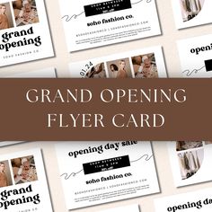 the grand opening flyer is shown with different images